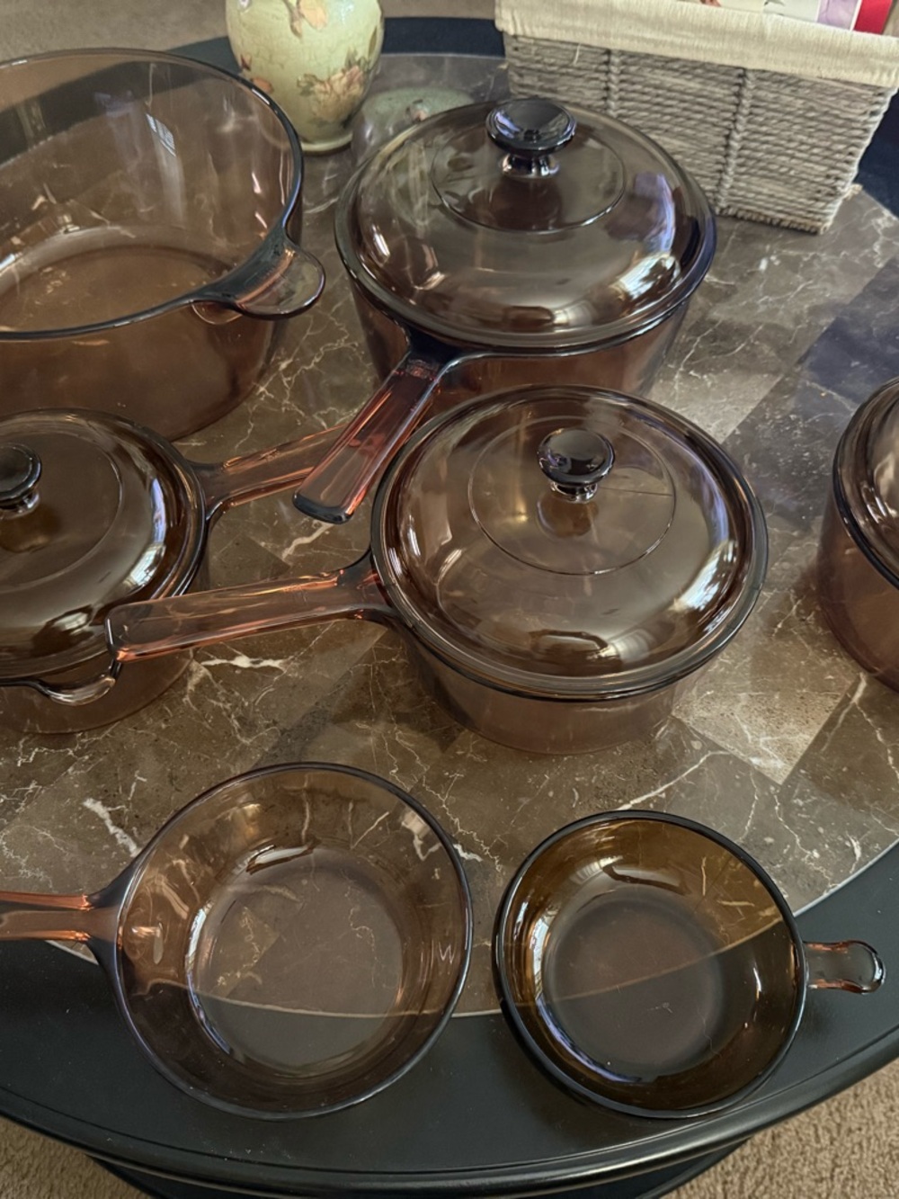 Vintage Amber Glass Cookware Set – Brown Tempered Glass Pots with Lids